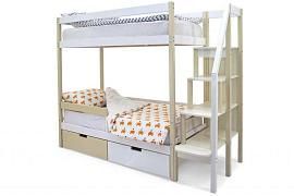 Детская двухярусная кровать Бельмарко Svogen бежево-белый с бортиком и ящиками